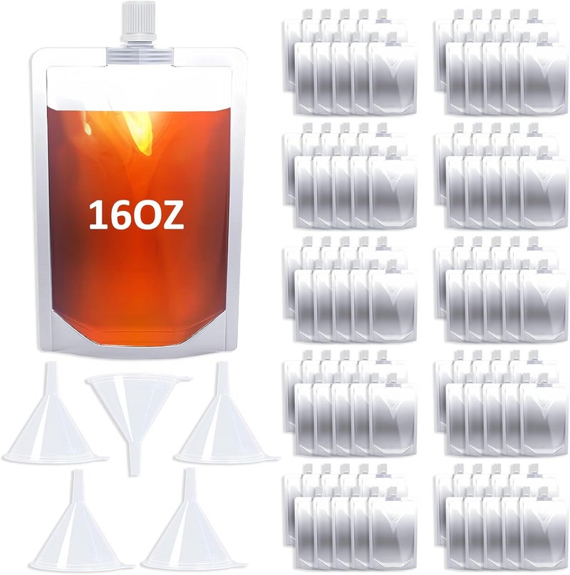 Cloudslucky 16OZ 100PCS Drink Pouches,Reusable Plastic Flask with Funnel for Drinking Liquid Beverage Juice,Stand Up Drink Bags for Travel Camping Outdoor Sport Concert Events,Leak-Proof Food Grade - Image 1